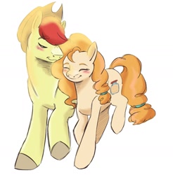 Size: 1615x1644 | Tagged: safe, artist:mayugraffiti, bright mac, pear butter, earth pony, pony, g4, blushing, duo, eyes closed, female, male, mare, ship:brightbutter, shipping, simple background, stallion, straight, white background