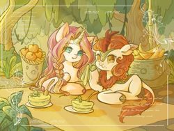 Size: 1462x1100 | Tagged: safe, artist:望瑟【被lof气死版】, autumn blaze, oc, kirin, pony, unicorn, g4, apple, banana, basket, braid, cake, duo, eating, female, food, horn, magic, mare, telekinesis, unicorn oc