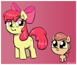 Size: 1874x1584 | Tagged: safe, artist:heretichesh, apple bloom, oc, earth pony, pony, g4, big head, cute, duo, earth pony oc, female, filfil, filfilfil, filly, foal, gradient background, impossibly large head, nervous, nervous sweat, ocbetes, smol, sweat