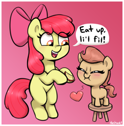 Size: 2036x2080 | Tagged: safe, artist:heretichesh, apple bloom, oc, earth pony, pony, g4, apple, apple slice, big head, bipedal, blushing, chair, cute, duo, earth pony oc, eating, eyes closed, female, filfil, filfilfil, filly, foal, food, gradient background, heart, herbivore, high res, ocbetes, smol, speech bubble, text