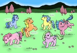 Size: 1000x678 | Tagged: safe, artist:noelle23, applejack (g1), blossom, bubbles (g1), cotton candy (g1), firefly, seashell (g1), earth pony, pegasus, pony, g1, adorashell, bluebellebetes, blushing, bow, bubblebetes, bucking, coloring book, cottoncandybetes, cute, digitally colored, female, field, flower, flyabetes, flying, freckles, g1 jackabetes, grazing, herbivore, horses doing horse things, mare, outdoors, raised hoof, rearing, sitting, smiling, spread wings, tail, tail bow, tree, wings