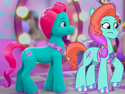 Size: 2048x1536 | Tagged: safe, edit, edited screencap, screencap, jazz hooves, queen haven, rocky riff, earth pony, pegasus, pony, clip trot, g5, my little pony: make your mark, my little pony: make your mark chapter 2, my little pony: tell your tale, portrait of a princess, spoiler:g5, spoiler:my little pony: make your mark, spoiler:my little pony: make your mark chapter 2, spoiler:my little pony: tell your tale, spoiler:mymc02e03, spoiler:tyts01e07, butt, confused, duo focus, female, hoof polish, jazz has no ears, male, mane melody (location), mare, mirror, missing accessory, no ears, plot, raised hoof, stallion