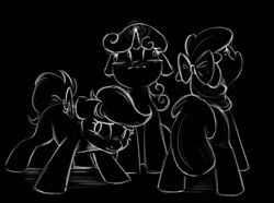 Size: 1334x995 | Tagged: safe, artist:melodylibris, apple bloom, scootaloo, sweetie belle, earth pony, pegasus, pony, unicorn, g4, apple bloom's bow, black and white, black background, blank flank, bow, cutie mark crusaders, darkness, female, filly, floppy ears, foal, glowing, glowing horn, grayscale, hair bow, horn, inverted colors, magic, monochrome, scared, simple background, spread wings, wings