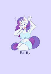 Size: 1423x2048 | Tagged: safe, artist:mscolorsplash, rarity, unicorn, anthro, armpits, belly button, breasts, busty rarity, cleavage, clothes, eyes closed, female, mare, name, nightshirt, open mouth, pajamas, purple background, simple background, solo, yawn