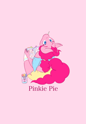 Size: 1423x2048 | Tagged: safe, artist:mscolorsplash, part of a set, pinkie pie, earth pony, anthro, g4, calendar, candy, female, food, lollipop, looking up, mare, mouth hold, name, pink background, simple background, sitting, solo, upside down