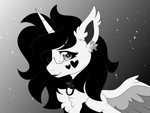 Size: 8000x6000 | Tagged: safe, artist:crazysketch101, oc, oc only, oc:snowe, alicorn, pony, alicorn oc, black and white, clothes, collar, commission, ear piercing, earring, glasses, gradient background, grayscale, horn, jewelry, lip piercing, monochrome, piercing, socks, solo, wings