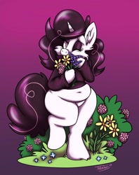 Size: 1618x2048 | Tagged: safe, artist:tatertails, oc, oc only, oc:pom, pony, unicorn, semi-anthro, arm hooves, belly, belly button, bush, cheek fluff, chubby, clothes, ear fluff, eyeshadow, female, flower, gradient background, grass, horn, makeup, missing cutie mark, one eye closed, plump, raised leg, slightly chubby, solo, sweater, unicorn oc, wink