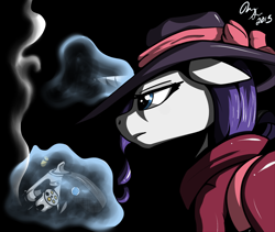 Size: 1000x844 | Tagged: safe, alternate version, artist:inkybreaker, rarity, g4, black background, colored, detective, detective rarity, floppy ears, glowing, glowing horn, gun, gunsmoke, handgun, horn, magic, revolver, signature, simple background, solo, telekinesis