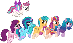 Size: 9709x5665 | Tagged: safe, alternate version, artist:ejlightning007arts, hitch trailblazer, izzy moonbow, misty brightdawn, pipp petals, sunny starscout, zipp storm, earth pony, pegasus, pony, unicorn, all bottled up, g4, g5, my little pony: make your mark, season 7, spoiler:g5, base used, bracelet, coat markings, colored wings, fake cutie mark, female, flying, g5 to g4, generation leap, jewelry, male, mane five, mane six (g5), mane stripe sunny, mare, multicolored hair, open mouth, rainbow hair, royal sisters (g5), siblings, simple background, sisters, socks (coat markings), stallion, tiara, transparent background, vector, walking, wings