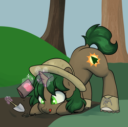 Size: 2200x2183 | Tagged: safe, artist:dumbwoofer, oc, oc:pine shine, pony, unicorn, bent over, boots, dock, ear fluff, female, food, forest, forest background, garden, gardening, hat, high res, horn, magic, mare, seeds, shoes, straw hat, tail, telekinesis, tomato, tongue out, trowel, unicorn oc
