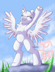 Size: 2105x2791 | Tagged: safe, artist:nanazdina, oc, pony, semi-anthro, :3, arm hooves, bipedal, chest fluff, commission, eyes closed, high res, horn, raised hoof, solo, stretching, underhoof, wings, your character here