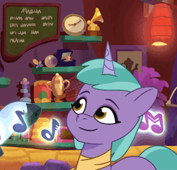 Size: 1070x1030 | Tagged: safe, screencap, alphabittle blossomforth, shiny sparks, pony, unicorn, all that jazz, g5, my little pony: tell your tale, spoiler:g5, spoiler:my little pony: tell your tale, spoiler:tyts01e27, animated, clothes, crystal tea room, cute, daaaaaaaaaaaw, female, female focus, gif, headbob, male, mare, music, music notes, scarf, smiling, solo focus, stallion, tapping, trinket, trophy, unshorn fetlocks, vibing