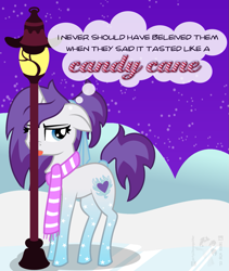 Size: 1275x1514 | Tagged: safe, artist:partypievt, oc, oc only, oc:indigo wire, pony, unicorn, candy, candy cane, clothes, food, horn, lamppost, scarf, snow, solo, striped scarf, stuck, text, thought bubble, tongue out, tongue stuck, tongue stuck to pole, unicorn oc, winter