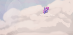 Size: 889x424 | Tagged: safe, artist:pinkchalk, artist:truthormare, rainbowshine, pegasus, pony, g4, cloud, collaboration, colored, female, flying, lens flare, mare, painting, ponerpics import, scenery, sky, smiling, solo, spread wings, wings