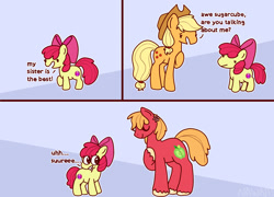 Size: 2048x1477 | Tagged: safe, artist:nawnii, apple bloom, applejack, big macintosh, earth pony, pony, g4, :v, apple siblings, apple sisters, bow, comic, dialogue, female, filly, flower, flower in hair, foal, hair bow, mare, missing accessory, misspelling, siblings, simple background, sisters, smiling, the cmc's cutie marks, trans female, transgender, trio