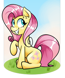 Size: 2500x3000 | Tagged: safe, artist:scootieloo, fluttershy, pony, g4, female, grass, grin, happy, high res, looking up, mare, pose, simple background, sky, smiling, solo, teeth, transparent background, wingless