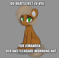 Size: 1080x1061 | Tagged: safe, artist:houl2902, earth pony, pony, caption, german, looking at you, sitting, solo, text, translated in the comments