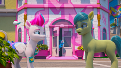 Size: 1366x768 | Tagged: safe, screencap, misty brightdawn, seagreen, zipp storm, earth pony, pegasus, pony, unicorn, g5, hoof done it?, my little pony: make your mark, my little pony: make your mark chapter 2, spoiler:my little pony: make your mark, spoiler:my little pony: make your mark chapter 2, spoiler:mymc02e07, building, door, drone, female, folded wings, glasses, looking at each other, looking at someone, mane melody (location), mare, open door, outdoors, peeking, plant, wings