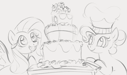 Size: 1308x769 | Tagged: safe, artist:dotkwa, fluttershy, pinkie pie, earth pony, pegasus, pony, g4, cake, chef's hat, drool, duo, female, food, gray background, grayscale, hat, mare, monochrome, open mouth, open smile, simple background, sketch, smiling, spread wings, wings