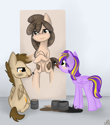 Size: 750x850 | Tagged: safe, artist:emberbell, oc, oc only, oc:sinclair, pegasus, pony, blushing, butt, duo, female, male, mare, mouth hold, pegasus oc, plot, sitting, stallion