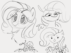 Size: 928x695 | Tagged: safe, artist:dotkwa, fluttershy, pegasus, pony, g4, cute, female, frog (hoof), gray background, grayscale, mare, monochrome, shyabetes, simple background, sketch, sketch dump, smiling, solo, spread wings, underhoof, wings