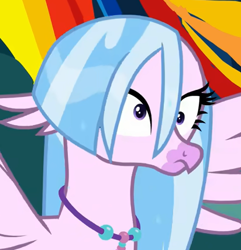 Size: 412x428 | Tagged: safe, screencap, silverstream, classical hippogriff, hippogriff, g4, season 9, uprooted, cropped, cross-eyed, derp, female, jewelry, spread wings, wet, wet mane, wings
