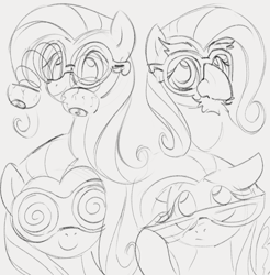 Size: 1095x1111 | Tagged: safe, artist:dotkwa, fluttershy, pegasus, pony, g4, bust, cute, eyeball glasses, female, glasses, gray background, grayscale, groucho mask, looking at you, mare, monochrome, novelty glasses, shyabetes, simple background, sketch, sketch dump, smiling, smiling at you, solo, swirly glasses