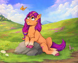Size: 5000x4068 | Tagged: safe, artist:birdoffnorth, sunny starscout, butterfly, earth pony, pony, g5, absurd file size, absurd resolution, cheek fluff, chest fluff, commission, ear fluff, female, flower, mare, rock, scenery, smiling, solo, unshorn fetlocks, ych example, your character here