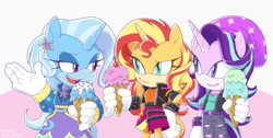 Size: 1259x635 | Tagged: safe, artist:kanayanga, starlight glimmer, sunset shimmer, trixie, unicorn, anthro, bracelet, female, food, hairclip, ice cream, jewelry, looking at each other, looking at someone, mobian, sonic the hedgehog (series), sonicified, trio, trio female