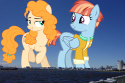 Size: 2048x1365 | Tagged: safe, artist:phucknuckl, artist:thebosscamacho, edit, editor:jaredking779, pear butter, windy whistles, earth pony, pegasus, pony, duo, duo female, female, giant pony, giantess, grin, highrise ponies, irl, japan, looking at you, macro, mare, photo, ponies in real life, smiling, tokyo