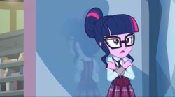 Size: 2160x1200 | Tagged: safe, screencap, sci-twi, twilight sparkle, human, equestria girls, g4, my little pony equestria girls: friendship games, clothes, crystal prep academy, crystal prep academy uniform, female, glasses, hair bun, necktie, school, school tie, school uniform, schoolgirl, solo, song, what more is out there