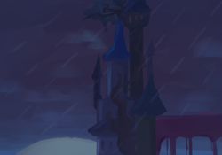 Size: 1009x705 | Tagged: safe, anonymous artist, series:misty pov, no pony, opaline's dark castle, rain, sunrise, tower