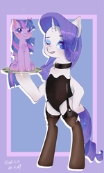 Size: 2323x3872 | Tagged: safe, artist:ecor土土, rarity, twilight sparkle, alicorn, pony, unicorn, g4, bipedal, chest fluff, clothes, cute, duo, duo female, ear fluff, eye clipping through hair, female, gradient background, high res, lesbian, looking at you, one eye closed, open mouth, ship:rarilight, shipping, simple background, size difference, socks, standing, standing on two hooves, thigh highs, tiny, tiny ponies, twilight sparkle (alicorn), underwear, wink, winking at you