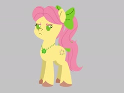 Size: 2048x1536 | Tagged: safe, artist:allisonpopick, posey bloom, earth pony, pony, g5, angry, beady eyes, bow, chibi, gray background, grumpy, hair bow, jewelry, necklace, posey bloom is not amused, scowl, simple background, solo, tail, tail bow, unamused