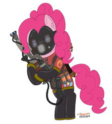 Size: 1056x1166 | Tagged: safe, artist:bloonacorn, pinkie pie, g4, /mlp/ tf2 general, axtinguisher, degreaser, eyes closed, flamethrower, pinkie pyro, pyro (tf2), simple background, solo, team fortress 2, transparent background, weapon