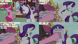 Size: 2000x1125 | Tagged: safe, edit, edited screencap, editor:quoterific, screencap, pinkie pie, rarity, earth pony, pony, unicorn, g4, it isn't the mane thing about you, magazine, newsstand