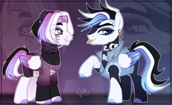 Size: 6192x3792 | Tagged: safe, artist:anriemper, oc, pegasus, pony, adoptable, blue background, blue mane, ear piercing, looking at you, piercing, pink background, pink mane, punk, simple background, smiling