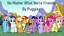 Size: 1920x1080 | Tagged: safe, artist:pugglez, artist:user15432, applejack, fluttershy, pinkie pie, rainbow dash, rarity, spike, starlight glimmer, sunset shimmer, twilight sparkle, alicorn, dragon, earth pony, pegasus, pony, unicorn, g4, anime reference, link in description, looking at you, love live!, mane seven, mane six, mountain, music, no matter what we're friends, one eye closed, open mouth, open smile, ponyville, smiling, smiling at you, song, sound, sound only, twilight sparkle (alicorn), webm, winged spike, wings, wink, winking at you, youtube link