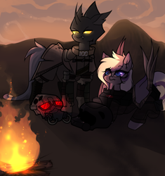 Size: 2814x3000 | Tagged: safe, artist:minty--fresh, oc, oc only, oc:flavis, oc:lyum, changeling, pegasus, pony, fallout equestria, armor, blue eyes, campfire, changeling oc, cloud, helmet, high res, mountain, multicolored hair, sunset, yellow changeling, yellow eyes