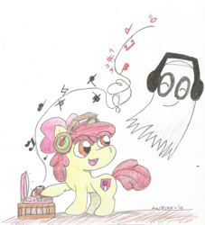 Size: 1350x1488 | Tagged: safe, artist:thepuzzleprincess, apple bloom, earth pony, ghost, pony, undead, g4, crossover, duo, eyes closed, female, filly, foal, headphones, music, napstablook, traditional art, undertale