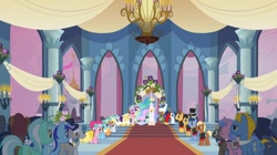 Size: 2160x1213 | Tagged: safe, screencap, applejack, blues, caesar, caramel, cherry cola, cherry fizzy, count caesar, dizzy twister, lightning bolt, lyra heartstrings, meadow song, minuette, noteworthy, orange swirl, perfect pace, pinkie pie, princess cadance, princess celestia, queen chrysalis, rainbow dash, rarity, royal ribbon, sealed scroll, shining armor, spike, white lightning, alicorn, dragon, earth pony, pegasus, pony, unicorn, a canterlot wedding, g4, background pony, bells, bowtie, bride, bridesmaid, bridesmaid applejack, bridesmaid dash, bridesmaid dress, bridesmaid pinkie, bridesmaid rarity, canterlot, canterlot castle, clothes, crown, disguise, disguised changeling, dress, fake cadance, female, flag, floral head wreath, flower, flower in hair, force field, hat, jewelry, male, mare, marriage, regalia, royal wedding, stallion, suit, top hat, uniform, wedding, wedding dress, wedding veil