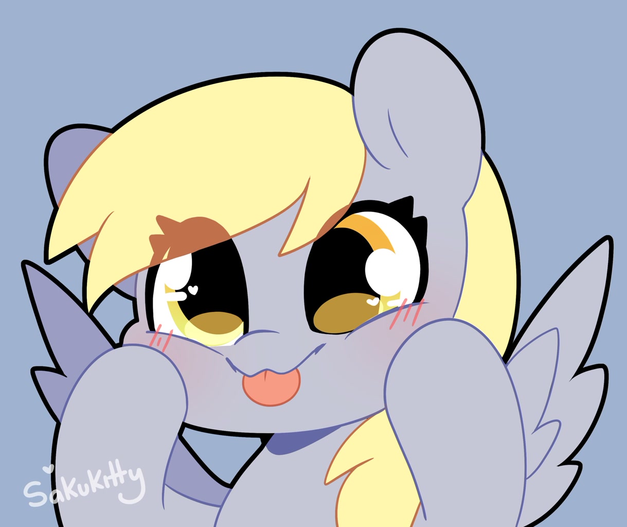 [cute,derpy hooves,female,mare,pegasus,pony,safe,signature,silly,simple background,solo,wings,tongue out,derpabetes,spread wings,mlem,artist:sakukitty]