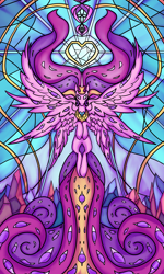 Size: 3500x5833 | Tagged: safe, artist:rocket-lawnchair, princess cadance, alicorn, angel, pony, g4, absurd resolution, biblically accurate angels, female, mare, multiple eyes, multiple wings, solo, spread wings, stained glass, wings