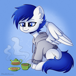 Size: 2500x2500 | Tagged: safe, artist:madelinne, oc, oc only, pegasus, pony, blue eyes, clothes, cup, high res, hoodie, partially open wings, signature, sitting, solo, teacup, wings