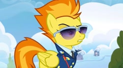 Size: 2160x1199 | Tagged: safe, screencap, spitfire, pegasus, pony, g4, top bolt, clothes, drill sergeant, female, necktie, needs more jpeg, solo, spitfire's tie, suit, sunglasses, uniform, whistle, whistle necklace, wonderbolts dress uniform