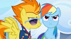 Size: 2160x1190 | Tagged: safe, screencap, rainbow dash, spitfire, pegasus, pony, g4, wonderbolts academy, clothes, drill sergeant, female, necktie, smiling, spitfire's tie, spread wings, suit, sunglasses, uniform, whistle, whistle necklace, wings, wonderbolts dress uniform