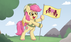 Size: 3660x2160 | Tagged: safe, artist:msaniiart, patch (g1), pegasus, pony, g1, g4, my little pony tales, bipedal, cloud, female, flag, flag pole, g1 to g4, generation leap, grass, high res, mare, mountain, open mouth, partially open wings, scenery, signature, sky, solo, wings