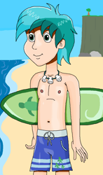 Size: 670x1142 | Tagged: safe, artist:ocean lover, sandbar, human, g4, beach, belly, belly button, chest, cliff, green eyes, hair over one eye, human coloration, humanized, jewelry, looking at you, male, ms paint, necklace, ocean, outdoors, sand, seashell, shiny skin, skinny, sky, smiling, solo, summer, surfboard, swimming trunks, swimsuit, teenager, thin, water