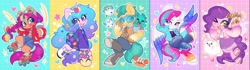 Size: 5308x1496 | Tagged: safe, artist:oofycolorful, cloudpuff, hitch trailblazer, izzy moonbow, kenneth, mcsnips-a-lot, pipp petals, sparky sparkeroni, sunny starscout, zipp storm, alicorn, bird, crab, dog, dragon, earth pony, flying pomeranian, pegasus, pomeranian, pony, seagull, unicorn, semi-anthro, g5, :p, abstract background, arm hooves, basket, boots, cellphone, clothes, denim, drink, emanata, eye clipping through hair, eyebrows, eyebrows visible through hair, female, glasses, heart, heart eyes, jeans, jewelry, male, mane five, mane stripe sunny, mare, one eye closed, open mouth, open smile, pants, phone, roller skates, shoes, shorts, skates, skirt, smiling, smoothie, stallion, teeth, that pony sure does love phones, tiara, tongue out, unshorn fetlocks, wall of tags, wingding eyes, winged dog