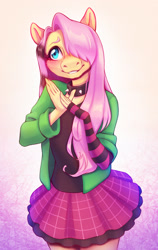 Size: 1607x2542 | Tagged: safe, artist:ritsuxz, fluttershy, pegasus, anthro, dtiys emoflat, g4, abstract background, blue eyes, blushing, choker, clothes, collar, cute, draw this in your style, ears, evening gloves, eyebrows, eyelashes, female, fingerless elbow gloves, fingerless gloves, gloves, hair over one eye, long gloves, nostrils, rolled up sleeves, shyabetes, signature, skirt, smiling, snout, solo, spiked choker, spiked collar, striped gloves, sweater